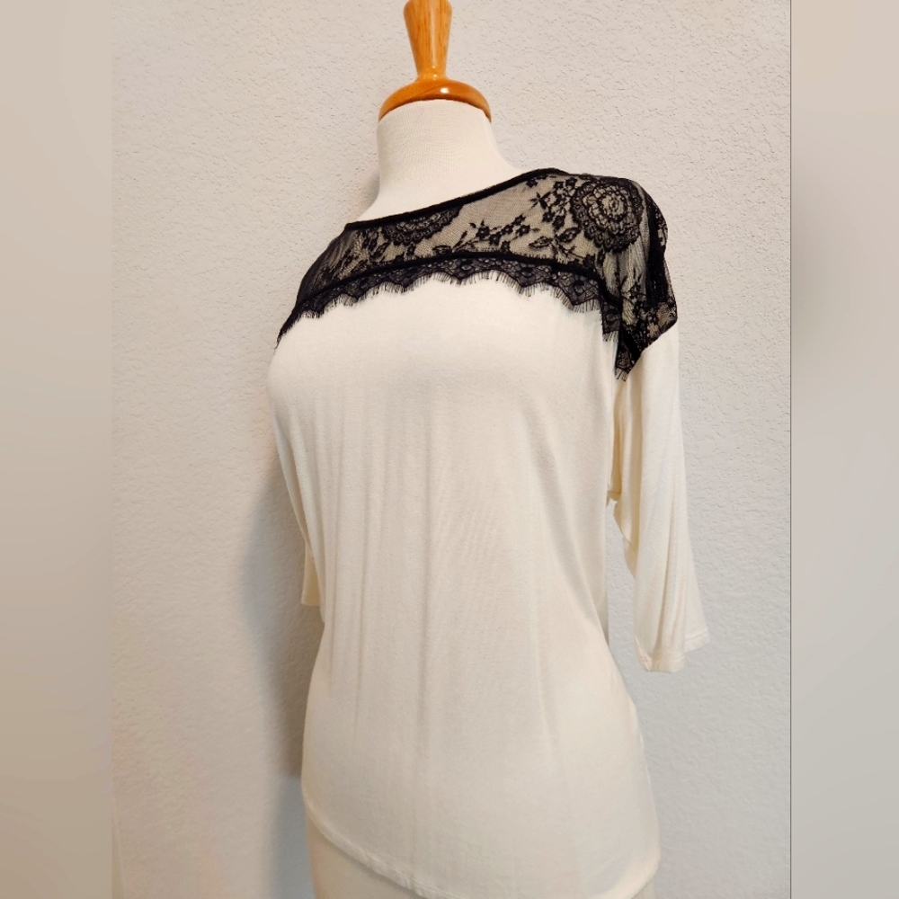 Charming Charlie Ivory Top with Black Lace Accent